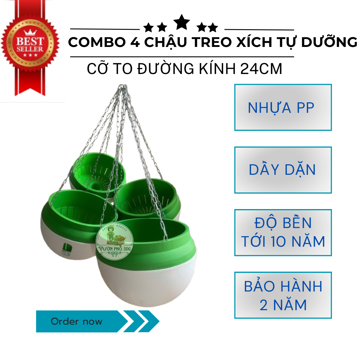 COMBO 4 chậu treo xích CỠ TO TỰ DƯỠNG trồng hoa ban công, trang trí sân vườn Bền - Đẹp - Sang trọng