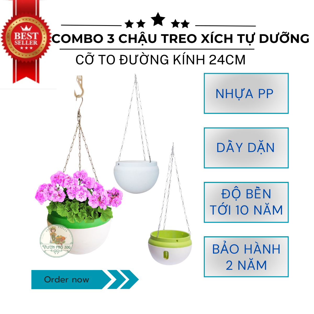 COMBO 3 Chậu treo Xích Cỡ To Tự Dưỡng đường kính 24cm, Chậu trồng hoa, trồng rau đáy kín Sạch Sẽ, Bền, Đẹp - Copy