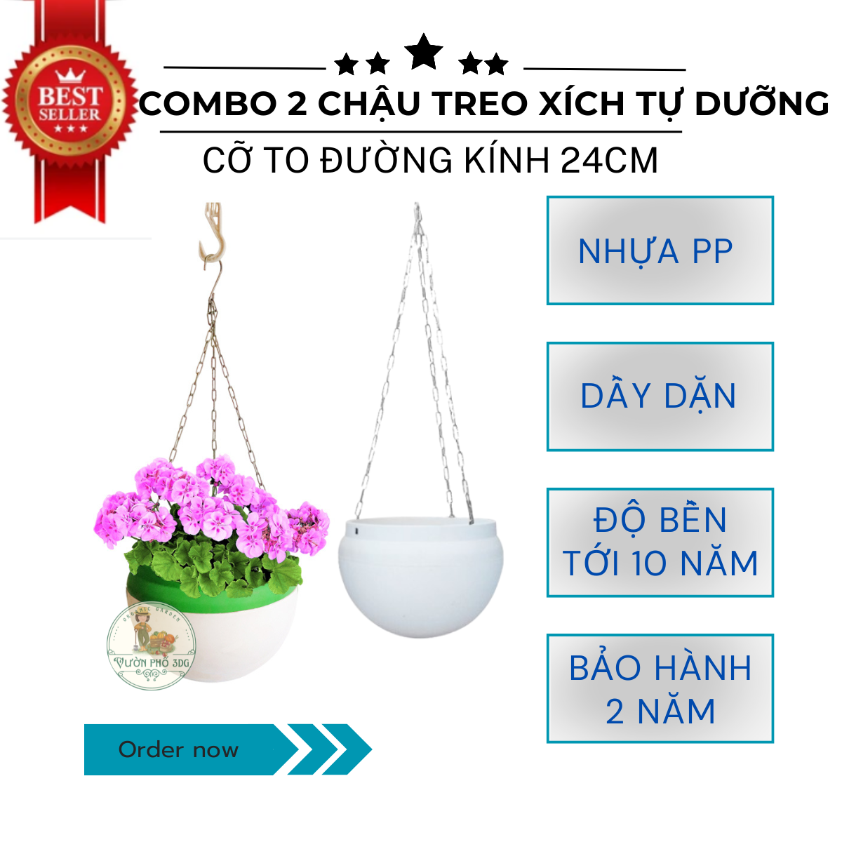 CPMBO 2 Chậu treo Xích Cỡ To Tự Dưỡng đường kính 24cm, Chậu trồng hoa, trồng rau đáy kín Sạch Sẽ, Bền, Đẹp - Copy