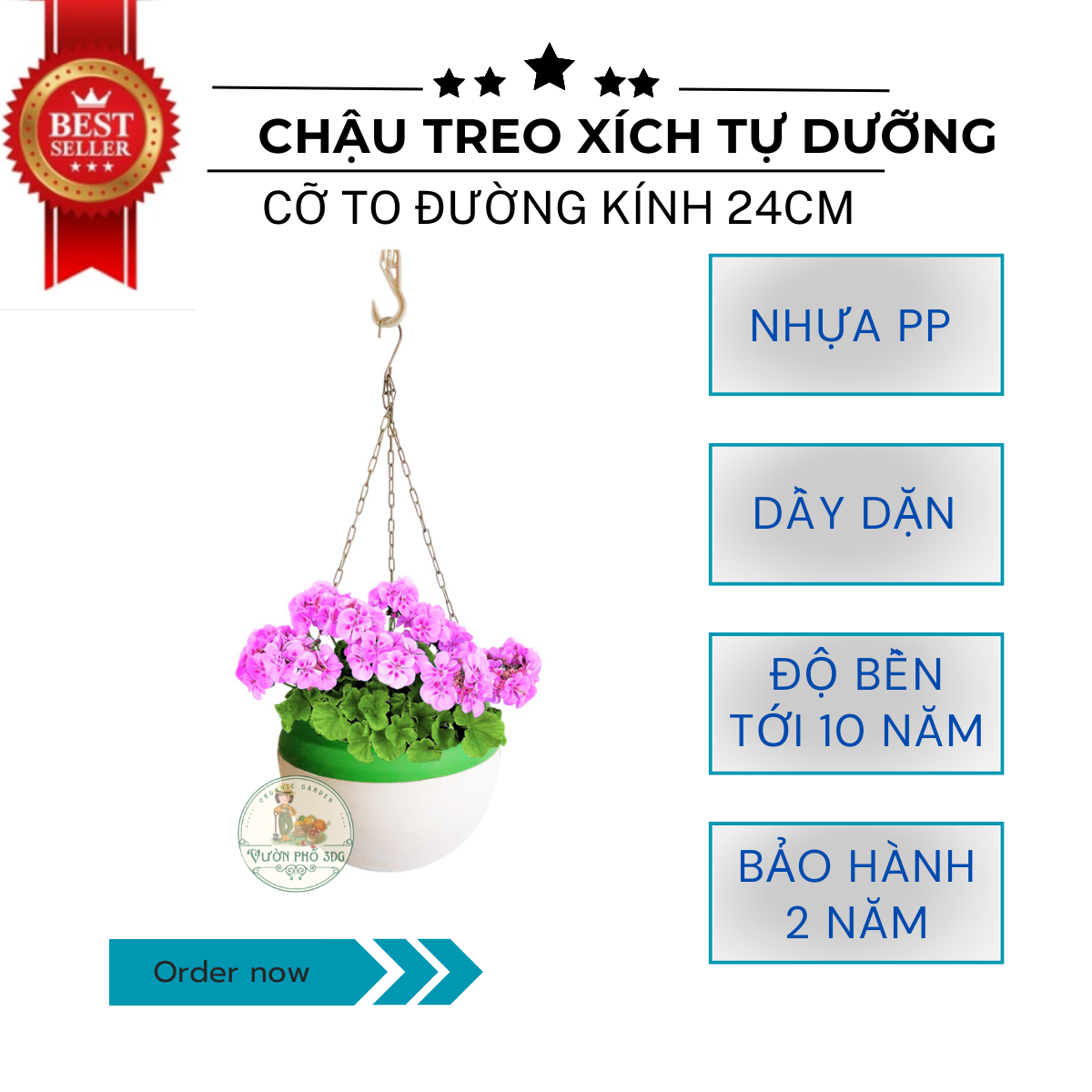 Chậu treo Xích Cỡ To Tự Dưỡng đường kính 24cm, Chậu trồng hoa, trồng rau đáy kín Sạch Sẽ, Bền, Đẹp