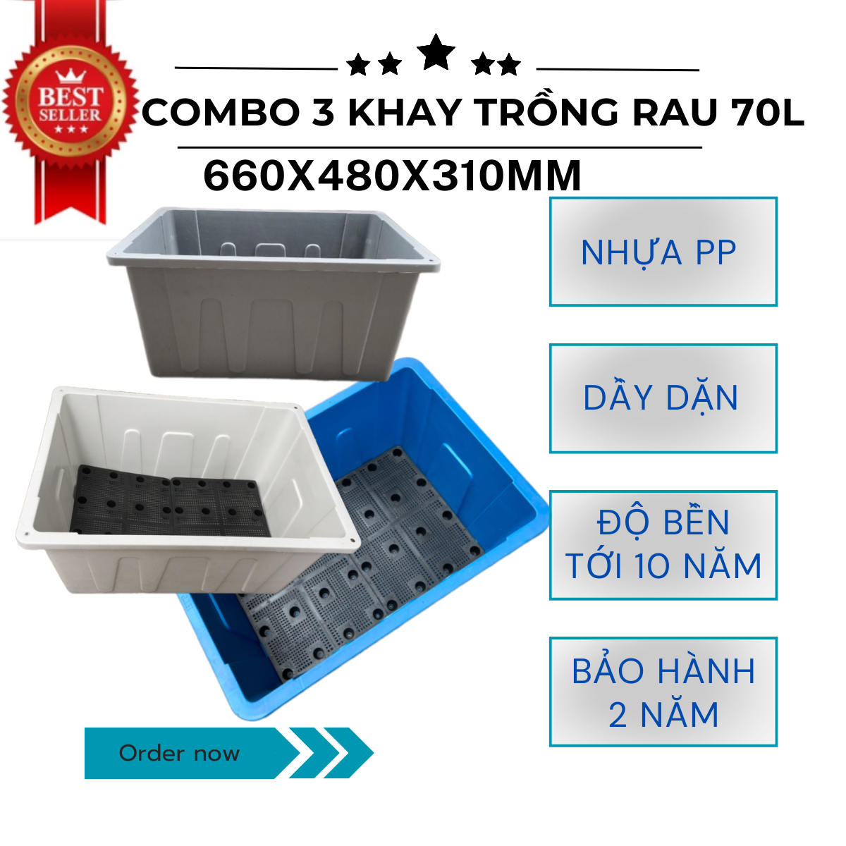 COMBO 3 khay trồng rau 70L, chậu trồng cây, chậu trồng rau Aquaponics kích thước 66x48x31cm 4 mầu