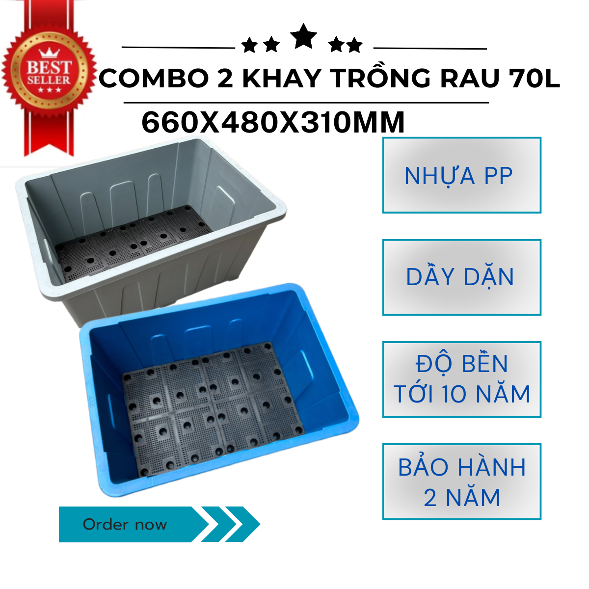 COMBO 2 chậu trồng rau 70L/ Chậu trồng cây/ Khay trồng rau Aquaponics kích thước 66x48x31cm