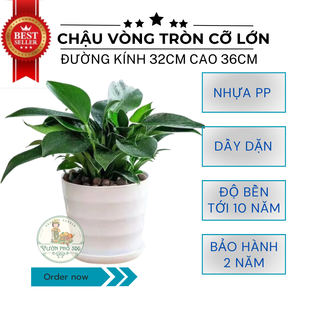 Chậu vòng tròn LỚN TRẮNG KÈM ĐĨA LÓT Chậu trồng rau, trồng rau, trồng cây đường kính 32cm cao 36cm